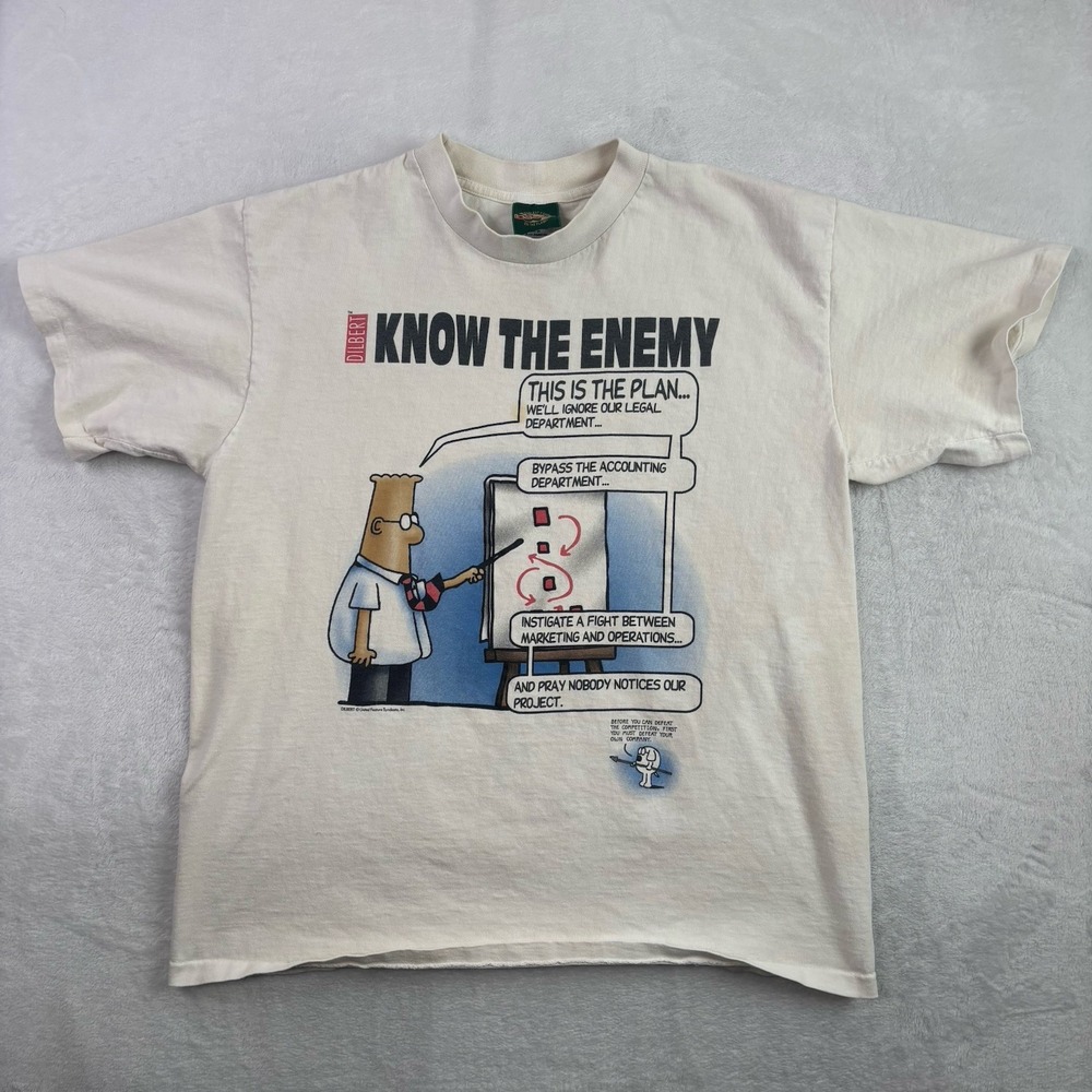 VTG Dilbert Know The Enemy White SS Graphic Shirt Distressed Men's Large
